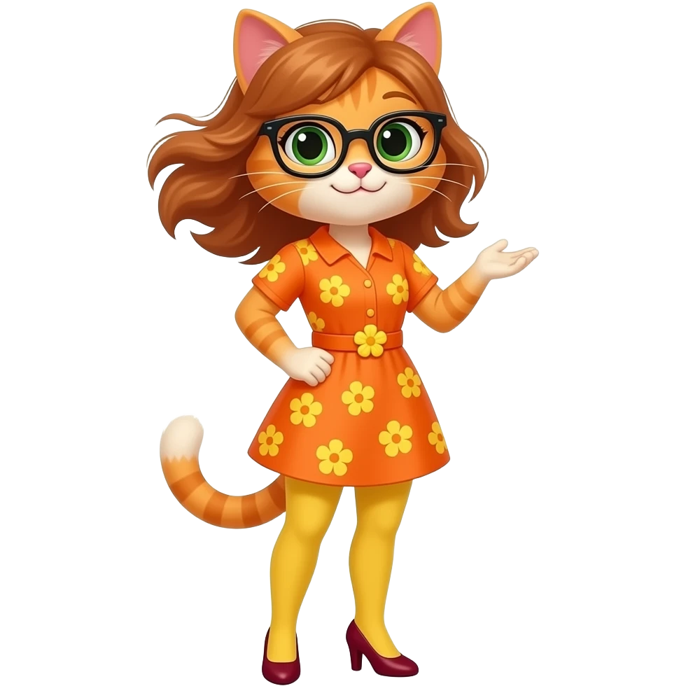 Mrs.Kat(Teacher(Orange-Yellow Mother Cat Of Kat(With Orange Short Dress With Yellow Flowers Without Plants Without Sleeves With Tiny Orange Belt With Yellow Flowers Without Plants, Dark Red High Heels Shoes, Black Eyeglasses And Visible Yellow Shorts(Like Leggings))))Marilyn Monroe Windy Day. emoji
