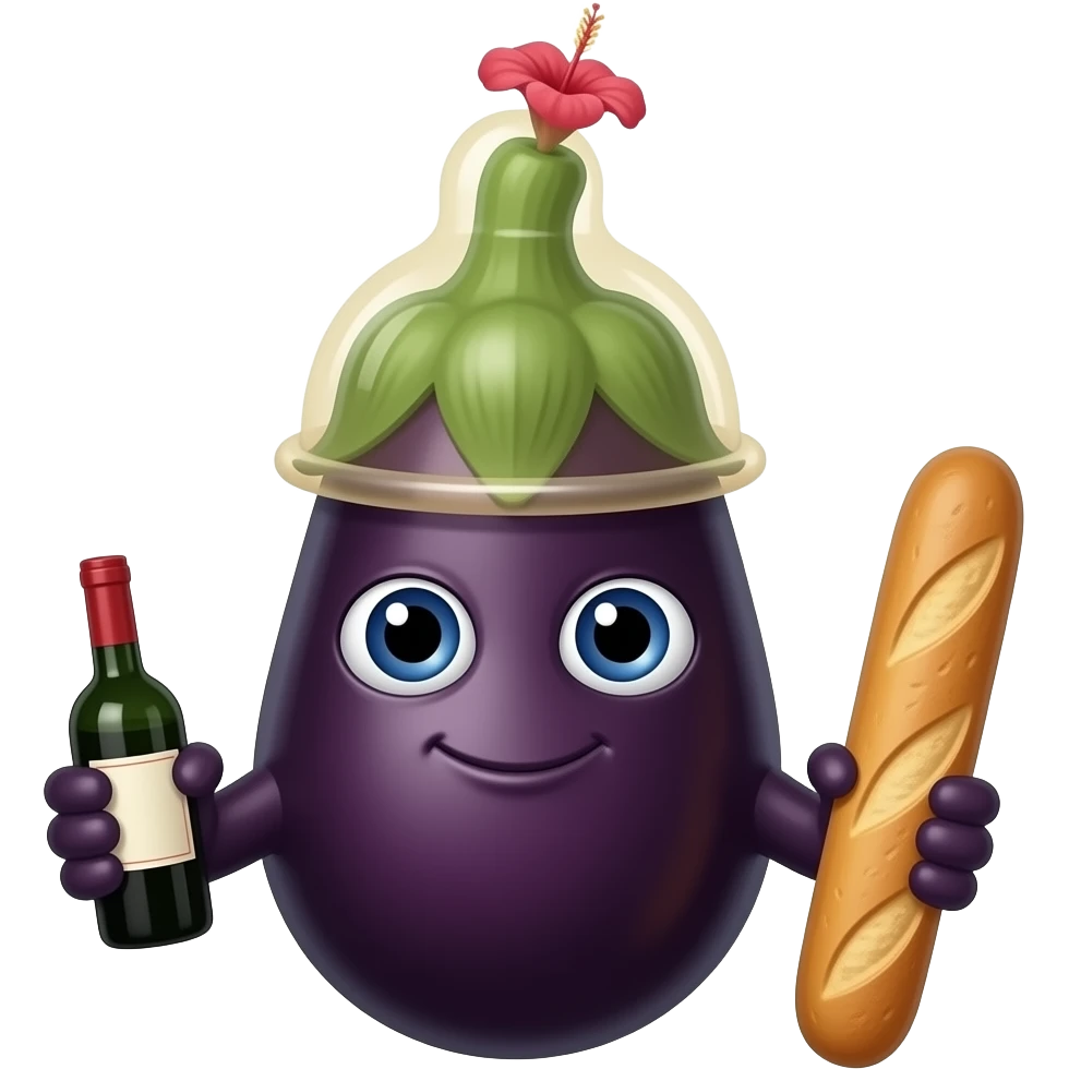 Aubergine ave un preservatif sur la tete et tenant une petite bouteille de vin dans une main et une baguette dans l'autre. Un hibiscus in peu plus haut que le bout du preservatif emoji