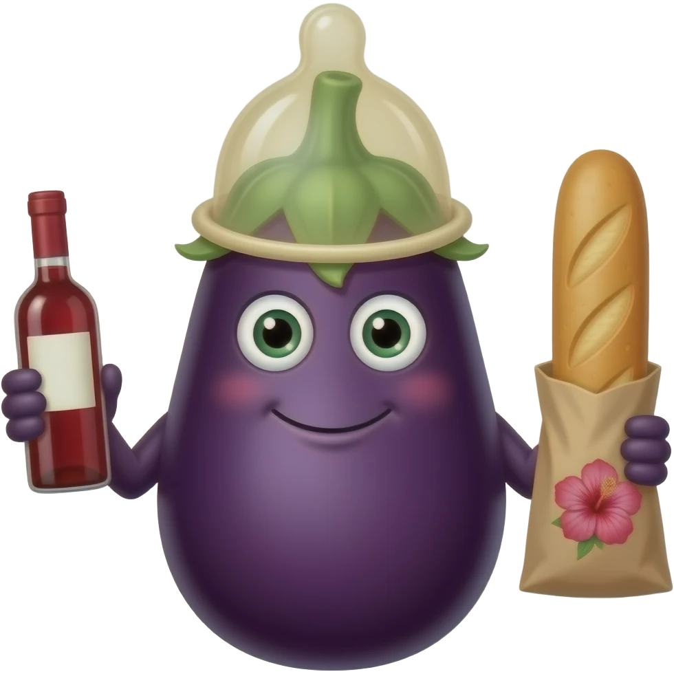 Aubergine ave un preservatif sur la tete et tenant une petite bouteille de vin dans une main et une baguette dans l'autre. Un hibiscus de face  in peu plus haut que le bout du preservatif emoji