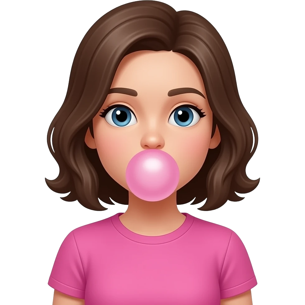 Bubblegum poping on face, pink tshirt girl emoji