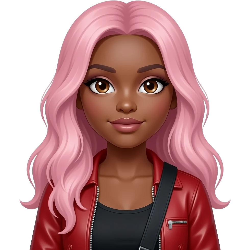 Hazelnut eyes A black girl smoky eye make up pink hair, long hair, black top with guitar on it and leather red sweater emoji