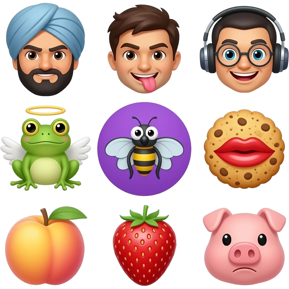 Custom emojis 😂👳🏻🧐😝😛😎🤪🤓🥸🎧🐸😇🦉👄🙄🍪🟣🪰🫍🍑🍓🐷🐽 emoji