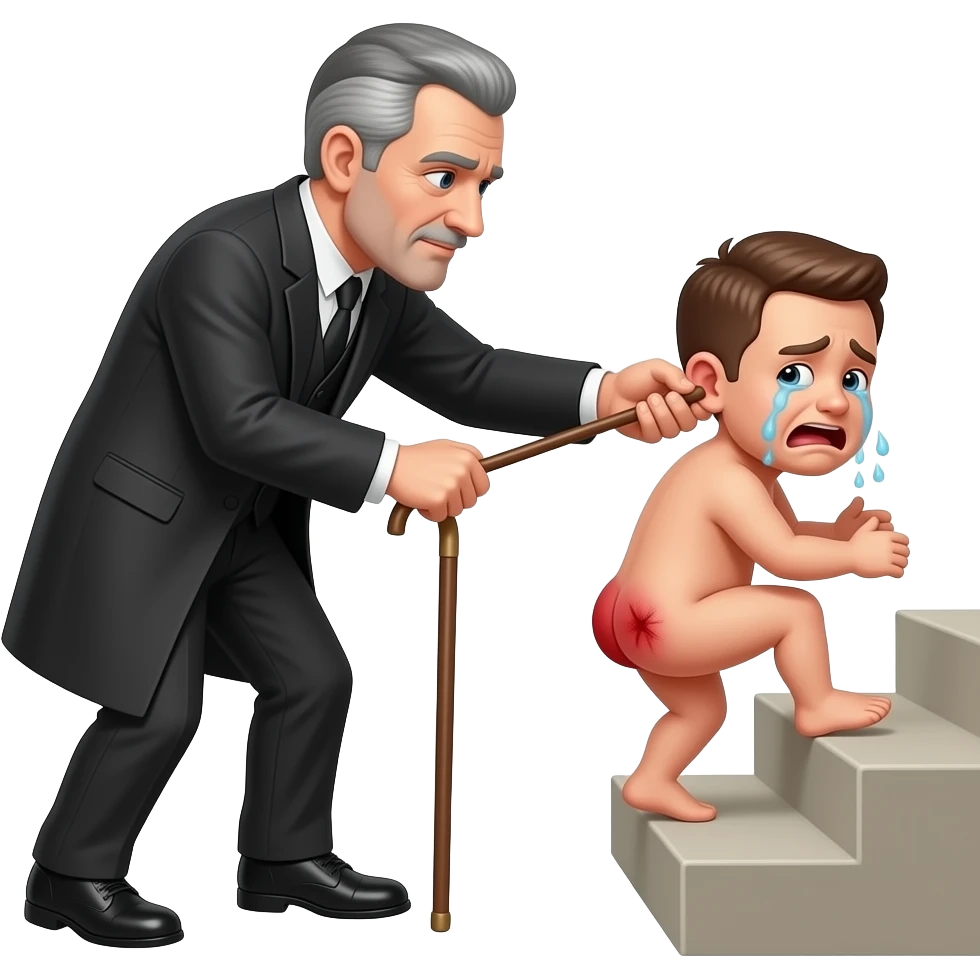 A stern clothed man with a thin cane is dragging a small, crying, naked man up a flight of stairs by the ear, his red buttocks are very bruised. emoji