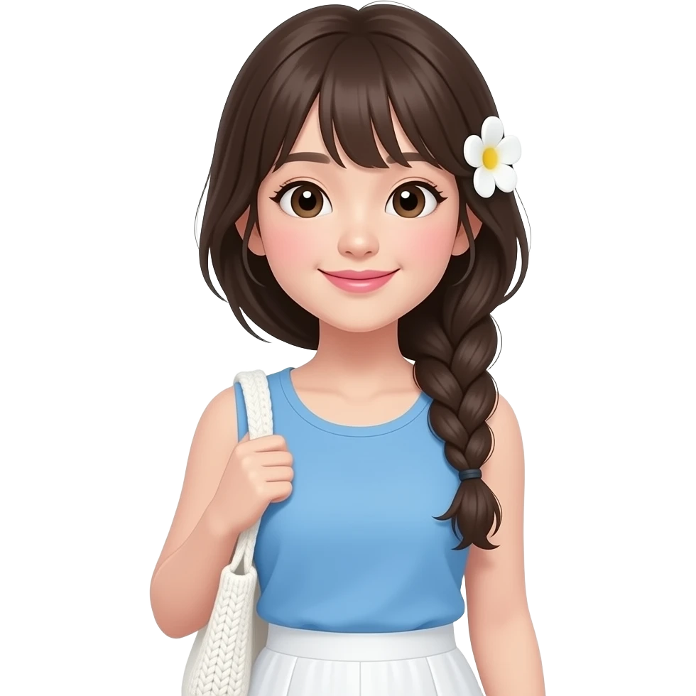 젊은 성인으로 보이는 아시안 여성

긴 머리를 오른쪽으로 느슨하게 땋은 스타일

짙은 갈색 계열의 머리색과 자연스러운 앞머리

밝고 건강해 보이는 피부톤

부드러운 미소 오똑한 코

자연스러운 핑크톤의 입술

오룬쪽 귀 옆에 흰 꽃 장식을 착용

하늘색 슬리브리스 상의와 흰색 스커트 착용

흰색 니트 숄더백을 멘 모습 emoji