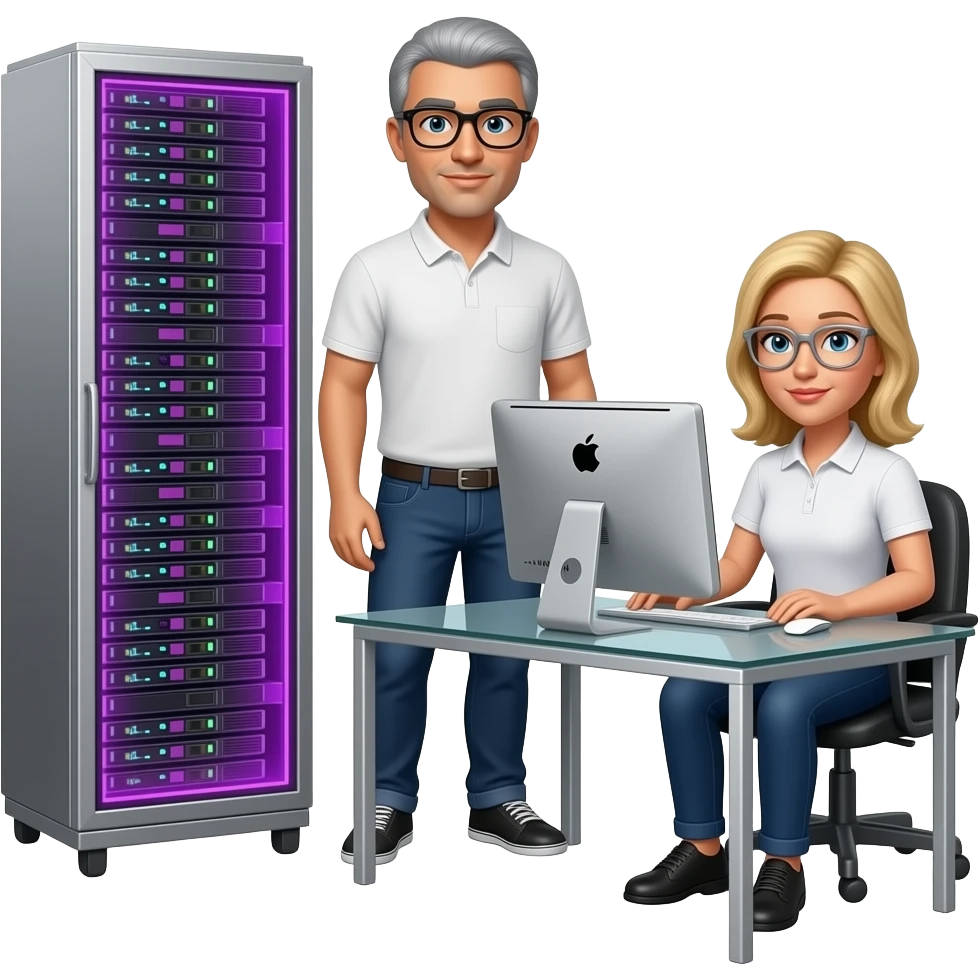 background is a silver server cabinet with purple lighting, in the foreground is a glass table and an imac computer, two men are standing, gray hair, black glasses, black hair, silver glasses, dressed in white pants and a polo shirt, a blonde girl is sitting at the table, emoji
