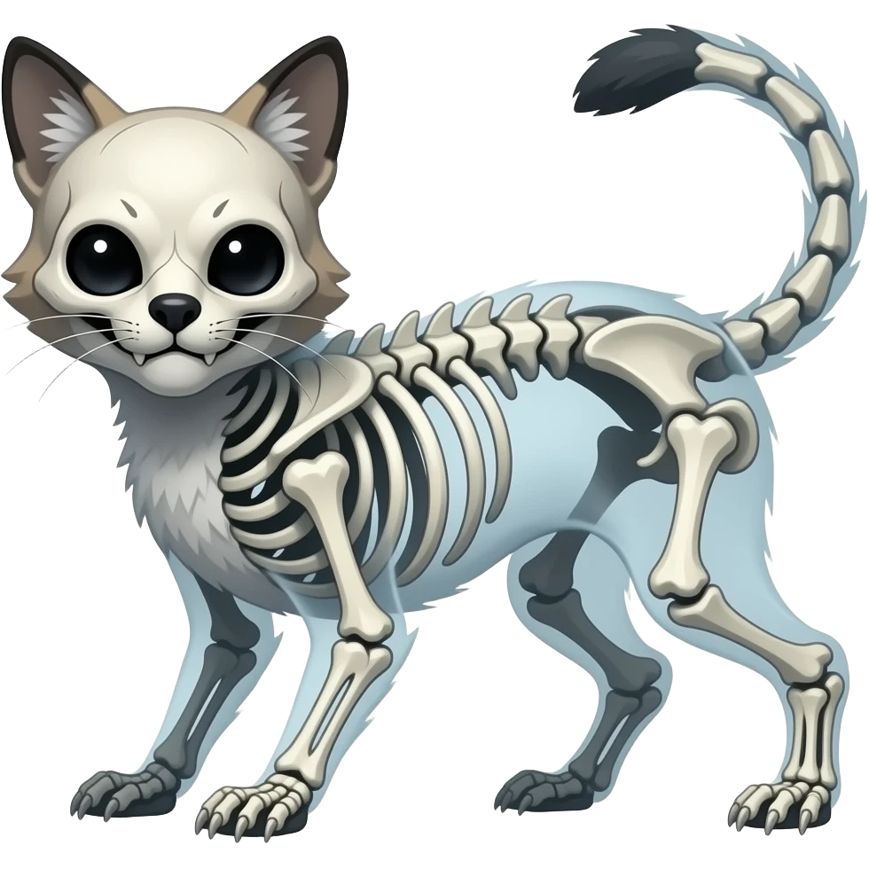 Digitigrade scaly bony skull-faced quadrupedal ghostly dull spectral edgy spooky meager thin cool beautiful skeleton-fantasy-caracal-civet-genet-vernid-duskull-Cubone-Cacomistle-oncilla-Fakémon-hybrid (full body) emoji