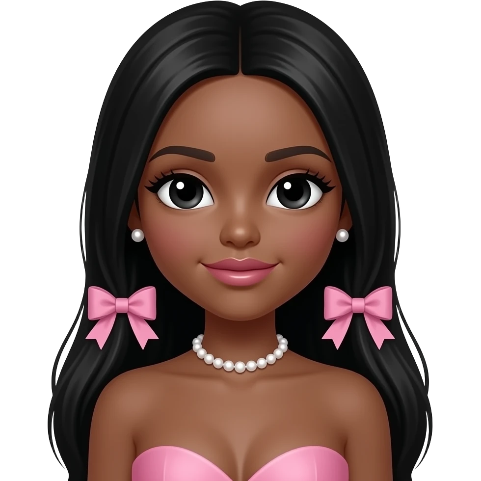 Pearl choker, Pearl earrings studs, doll eyes, Doll, big chest, dark brown skin, with middle part long black hair, black cute eyes, pink bows with cute lip, without no bra emoji
