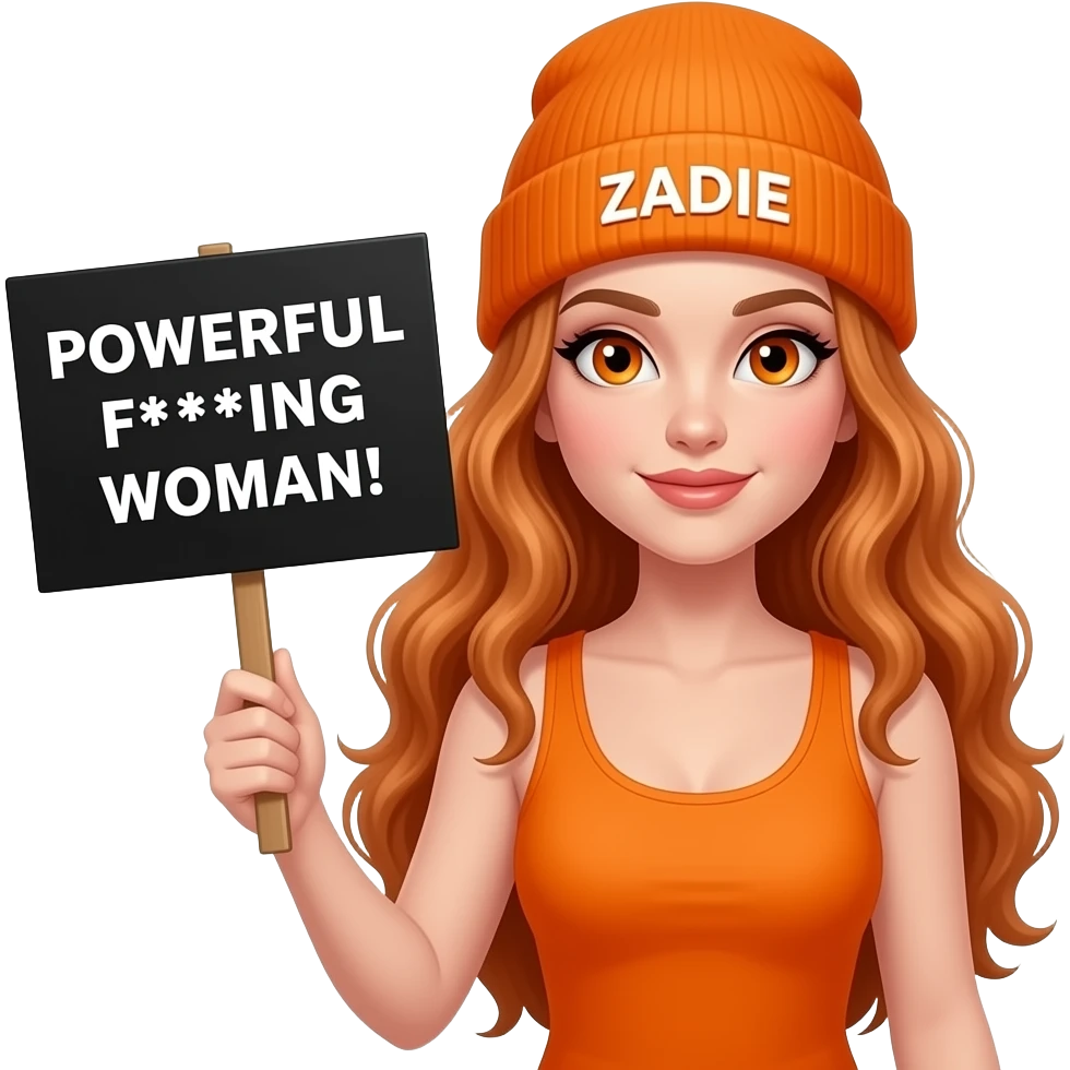 sexy girl with overlong wavy ginger hair and ginger eyes wearing a orange tanktop and a orange beanie with ZADIE written on it, is holding a black sign with POWERFUL F***ING WOMAN! written on it emoji