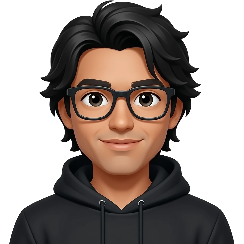 20 year old, tan skin guy, black hair, middle part medium long hair, black frame glasses, black hoodie emoji