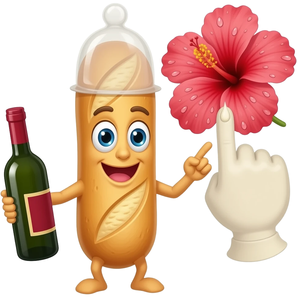 Baguette avec bouche yeux et bras, avec un preservatif sur le haut de la tete et une bouteille de vin dans la main. L'autre main a 2 doigts tendus et collés touchant le centre d'un hibiscus qui a beaucoup de gouttes d'eau sur les petales. Le bout du preservatif est rempli d'un liquide blanc emoji