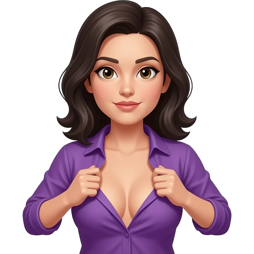 Woman shrugging with dark hair and her boobs showing wearing a purple shirt Her boobs are visible like the shirt is lifting up emoji