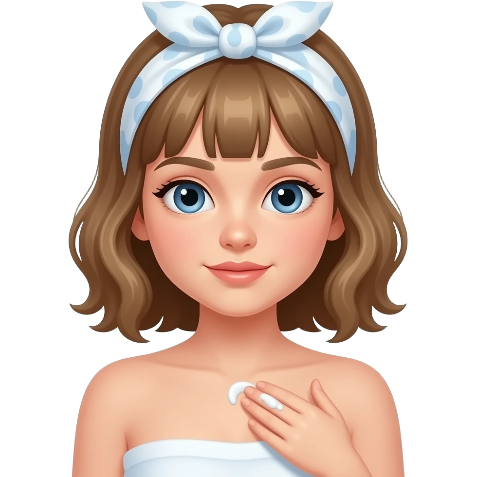 white kid blue eyes mid length with bangs soft curly hair to shoulders in color: middle to little darker blond, puts on lotion on her body after shower with a hair turban emoji