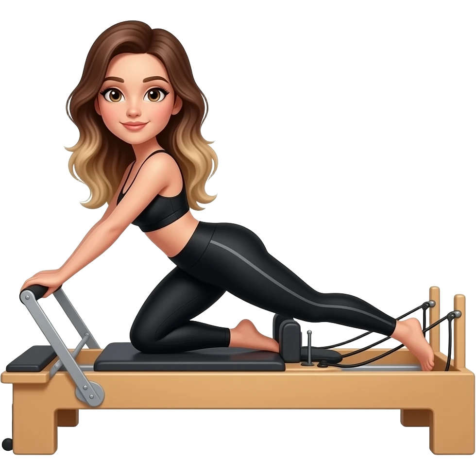 Brown eyed, long brunette balayage hair in black workout leggings and bra, big bum, doing a simple reformer pilates emoji