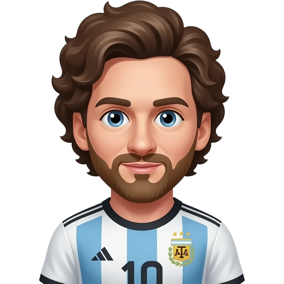 Messi emoji avatar, front-facing, Argentina jersey, cute cartoon style. With curly hair and a moustache emoji