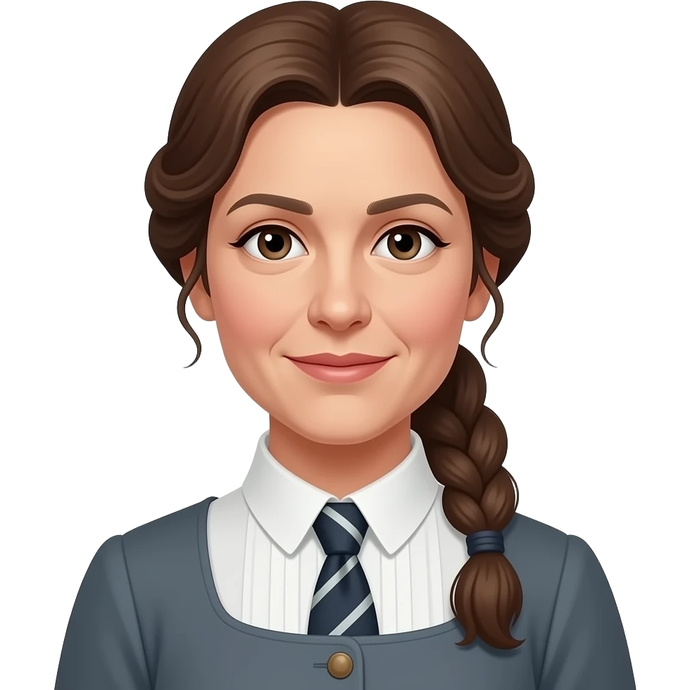 crée une femme morphologie moyenne cheveux chatain attaché (âge environ 40 ans) (style année 1910) légèrement de côté de la tête jusqu'à la taille. Elle ne sourit pas, visage indifférent emoji