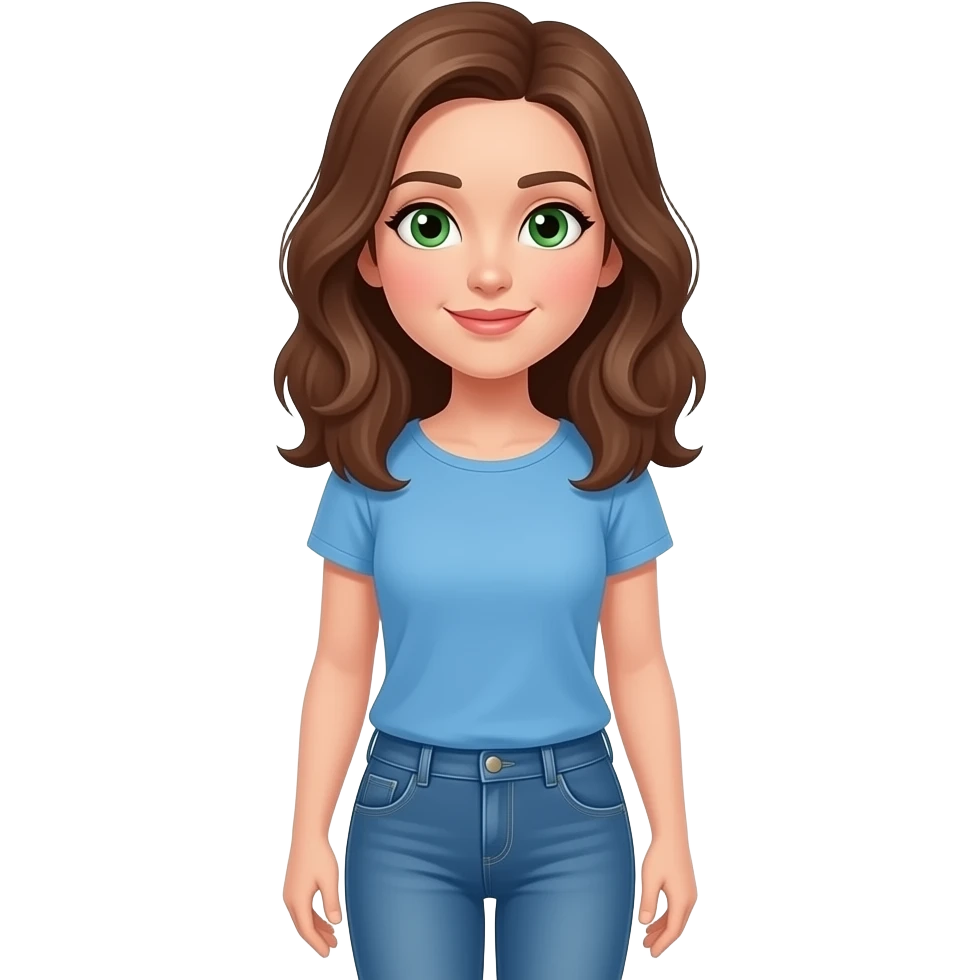 woman with brown hair and green eyes wearing a blue top and jeans full body emoji
