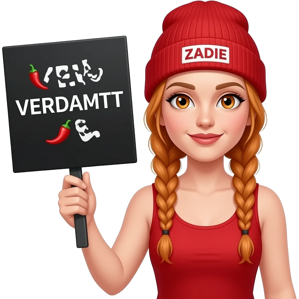 sexy girl with overlong ginger braids and ginger eyes wearing a red tanktop and a red beanie with ZADIE written on it, is holding a black sign with 🌶️VERDAMMT 🌶️written on it emoji