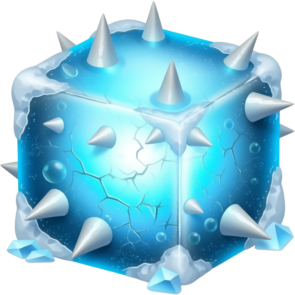 Frosted ice cube, sharp needle spikes on all sides, bright electric blue glowing from inside. Micro-cracks, jagged chip dents, frozen bubbles, small ice crumbs at corners. emoji