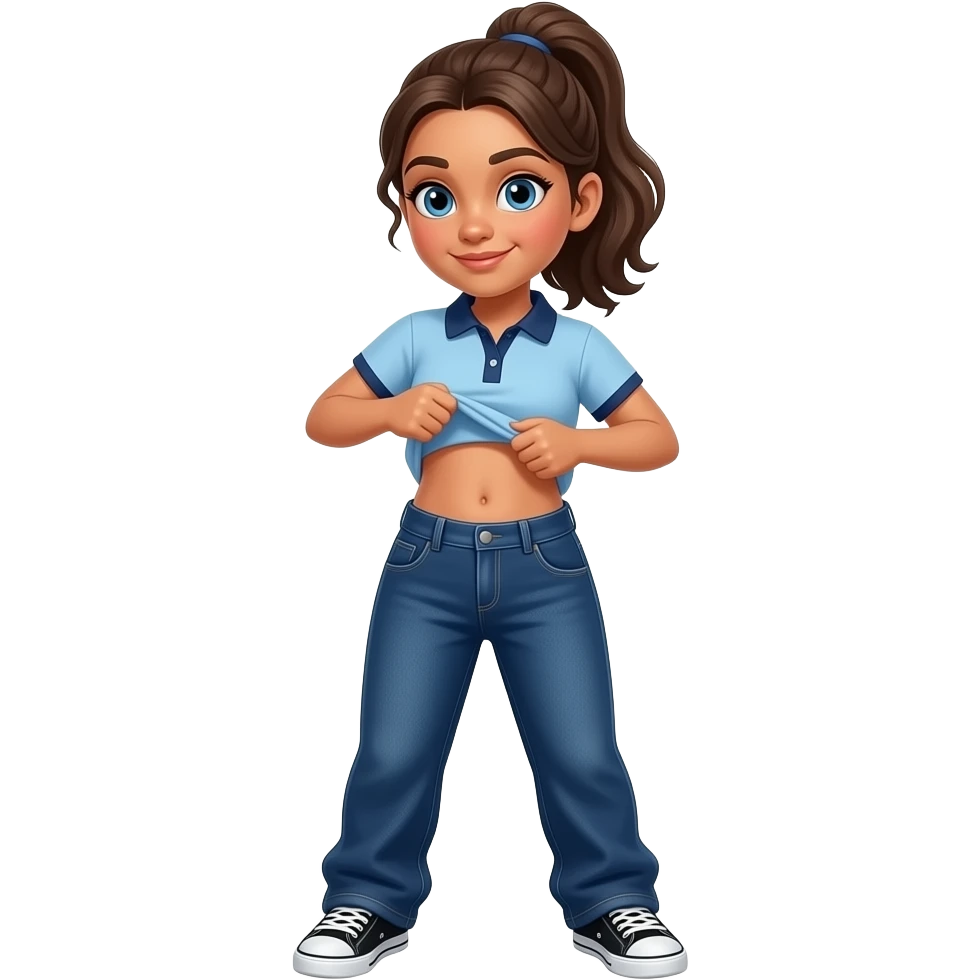 Hispanic girl with brown ponytail and blue eyes light blue dark blue lined polo and dark blue baggy jeans and belly button and black and white sneakers lifting her shirt funny belly trick emoji