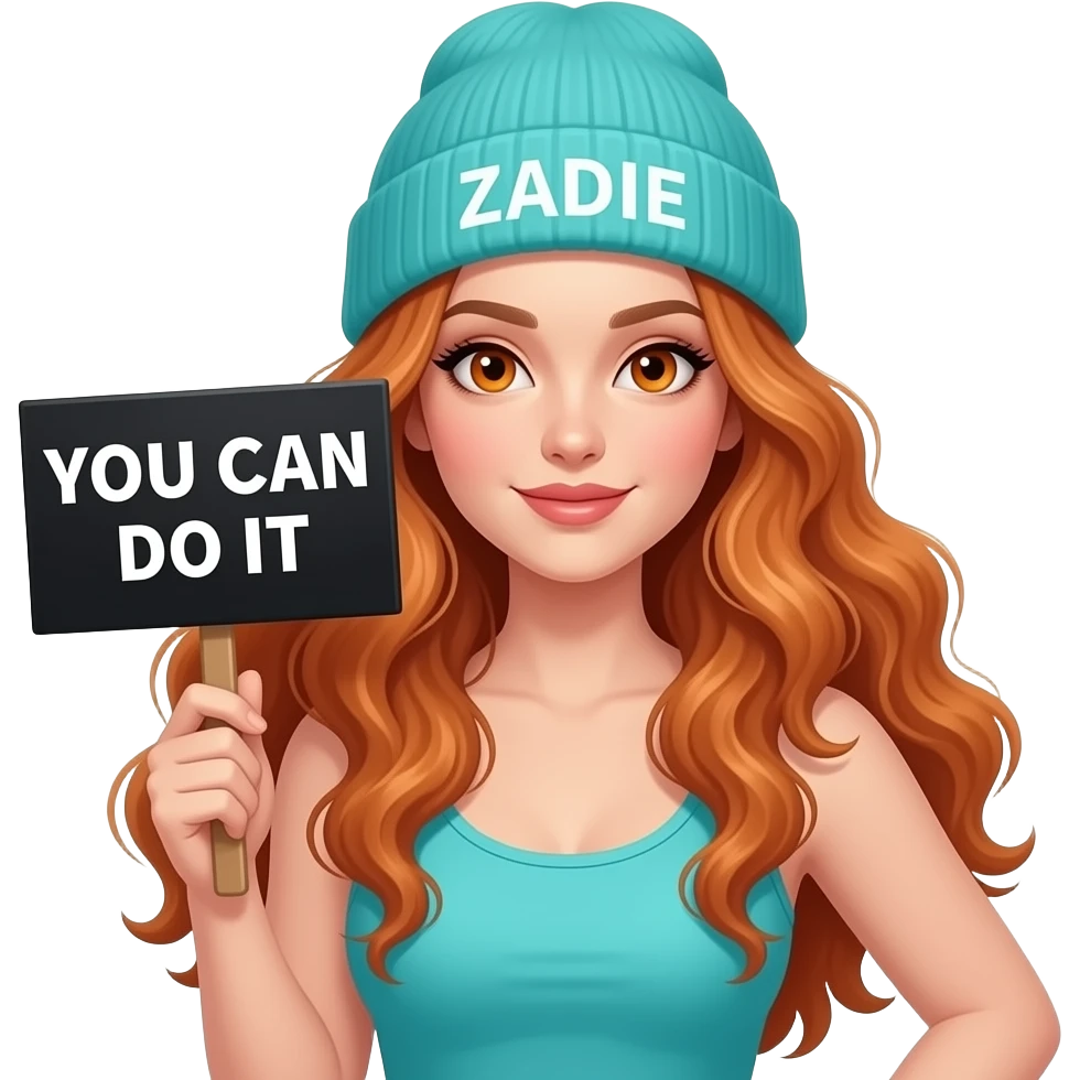 sexy girl with overlong wavy ginger hair and ginger eyes wearing a turquoise tanktop and a turquoise beanie with ZADIE written on it, is holding a black sign with YOU CAN DO IT written on it emoji