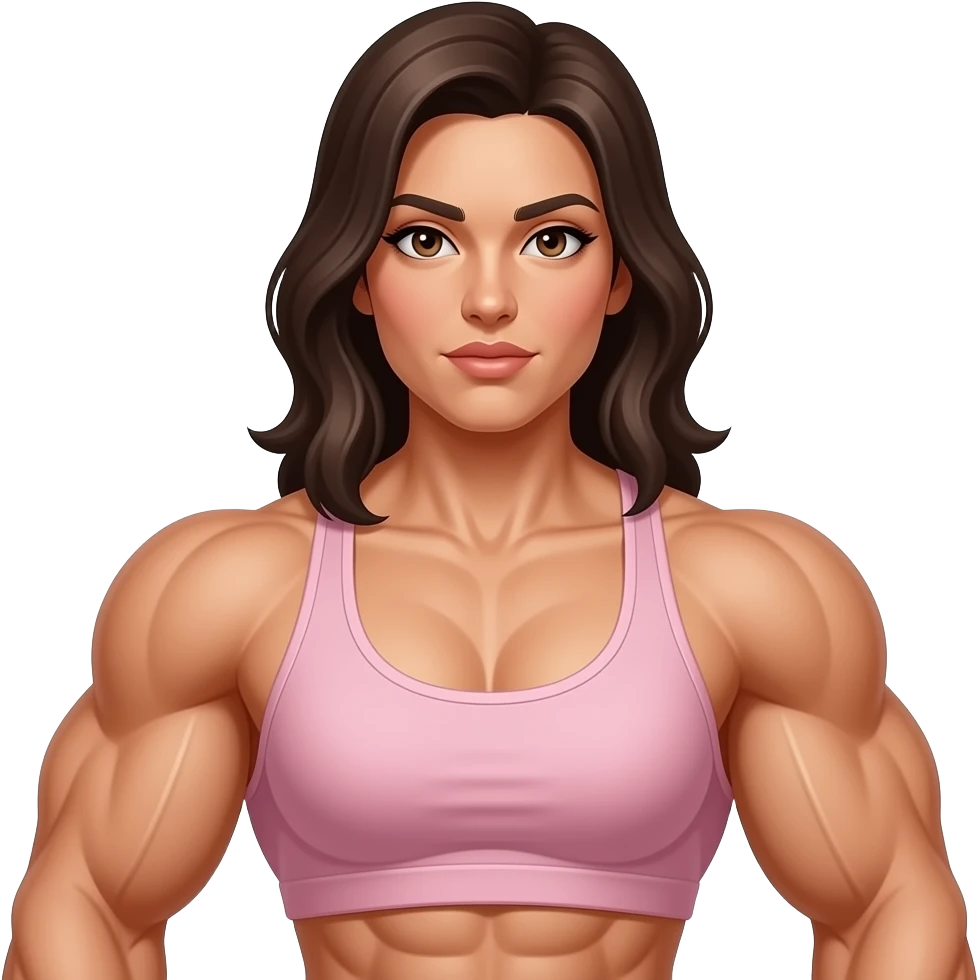 A medium shot captures a powerfully built woman with a muscular physique, her chest and arms prominently displayed. sHe wears a tank top emoji