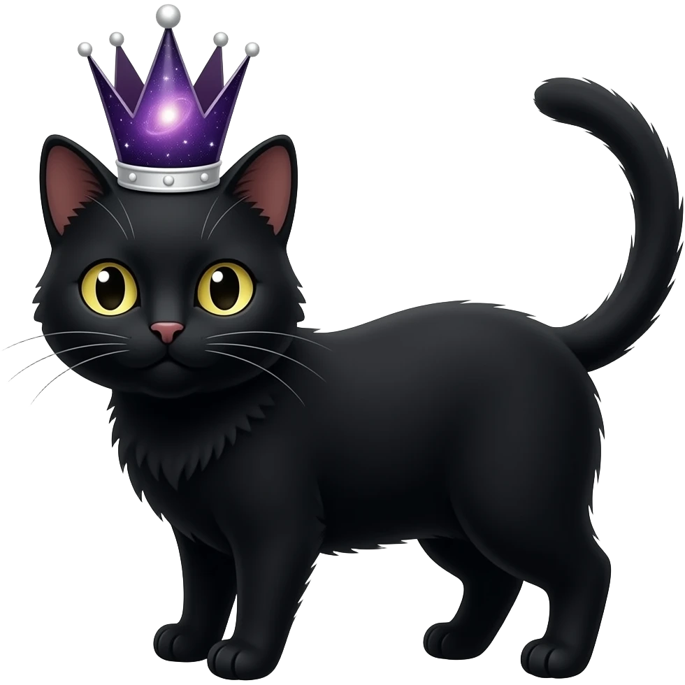 make a black cat with add a black and white crown and a purple galaxy crown on its head emoji