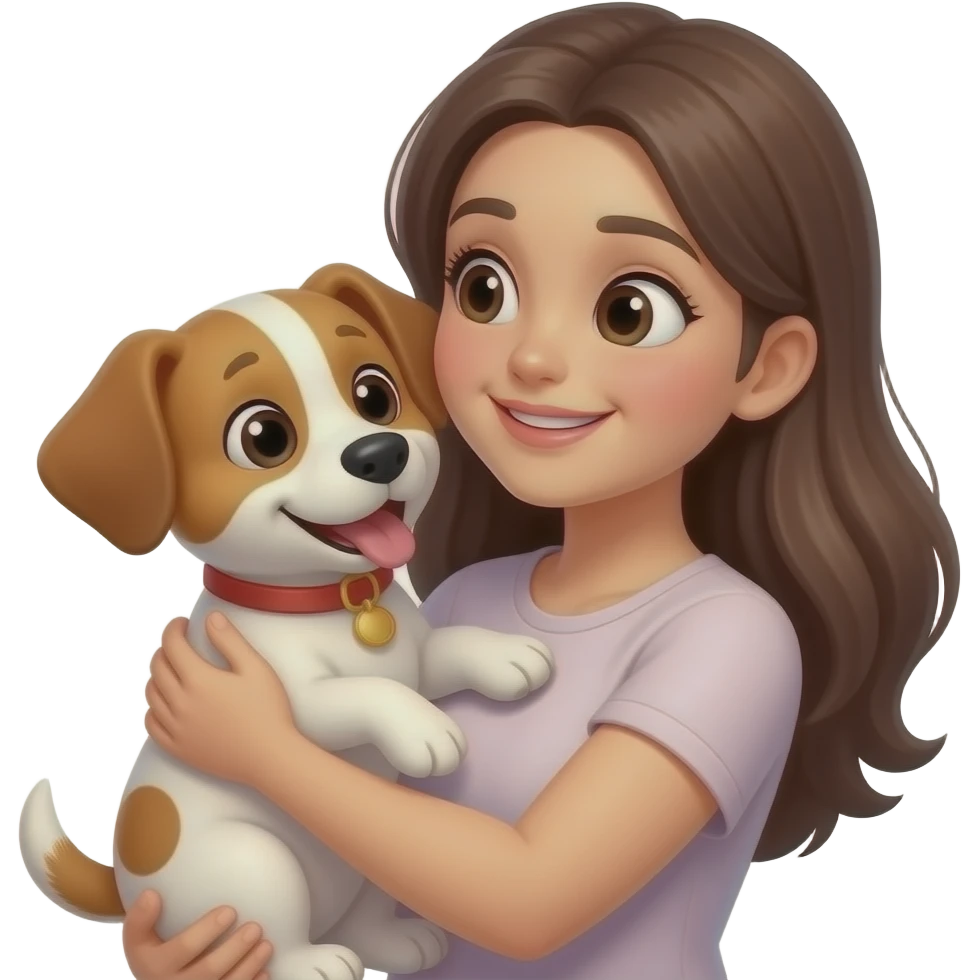 “Una mujer joven abrazando a un perro pequeño y hablándole de forma tierna como si fuera un bebé. Ella tiene una expresión exageradamente cariñosa y el perro la mira feliz y se miran felices. Ambiente cálido, divertido y tierno.” emoji