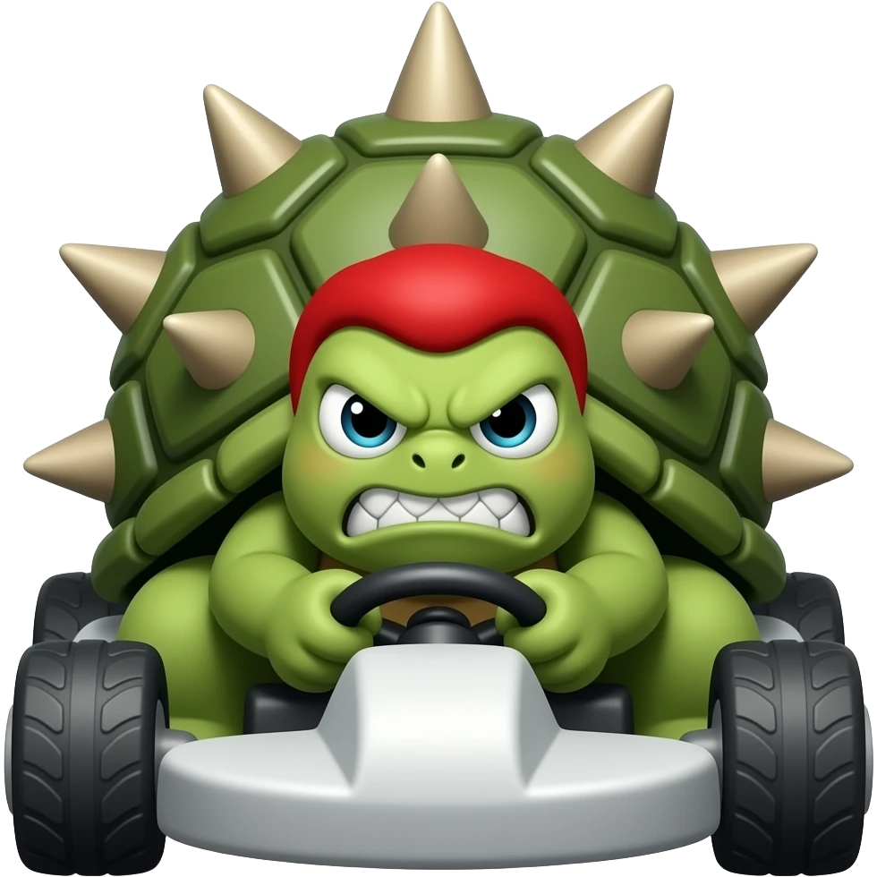 an angry big turtle with spikes on its shell and red hair in a kart, front view emoji