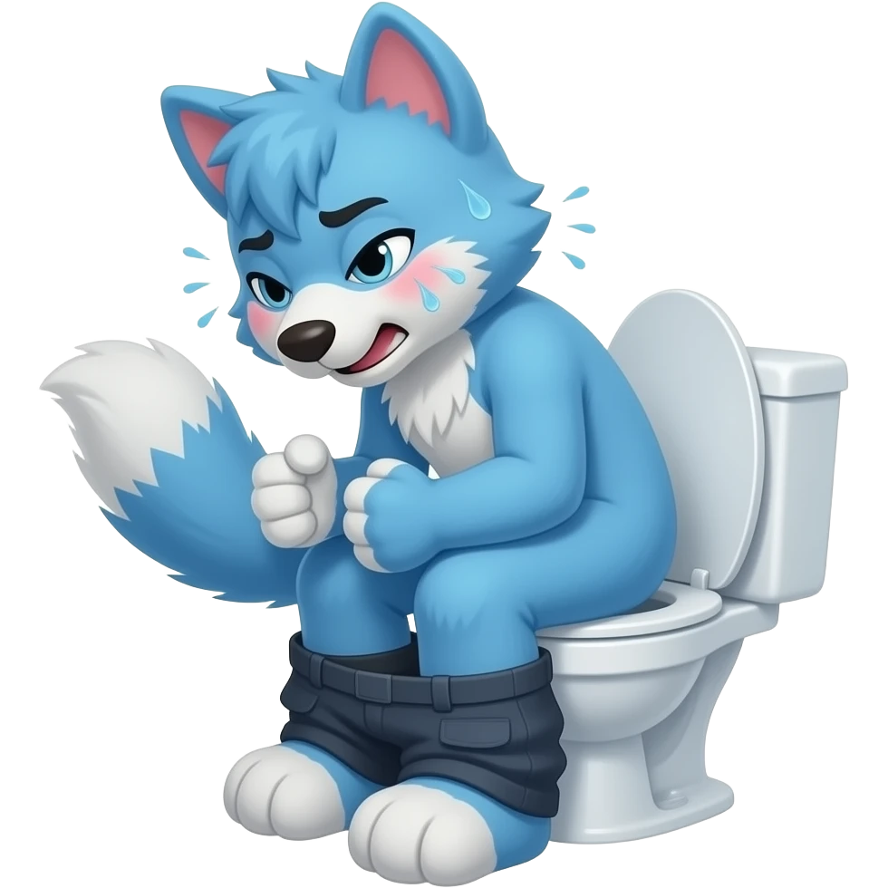 blue fursuit sitting on toilet, side view, pants down, straining face, blushing face, sweating, pain, pushing, both fits, discomfort, grunting emoji