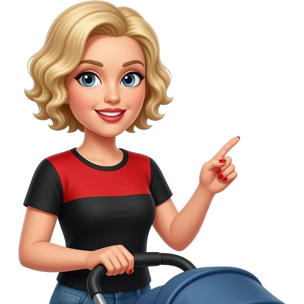 Short blond hair in tight curly side swept Holding a stroll saying you got it with red nail polish, brown lipstick and red and black shirt short sleeve emoji