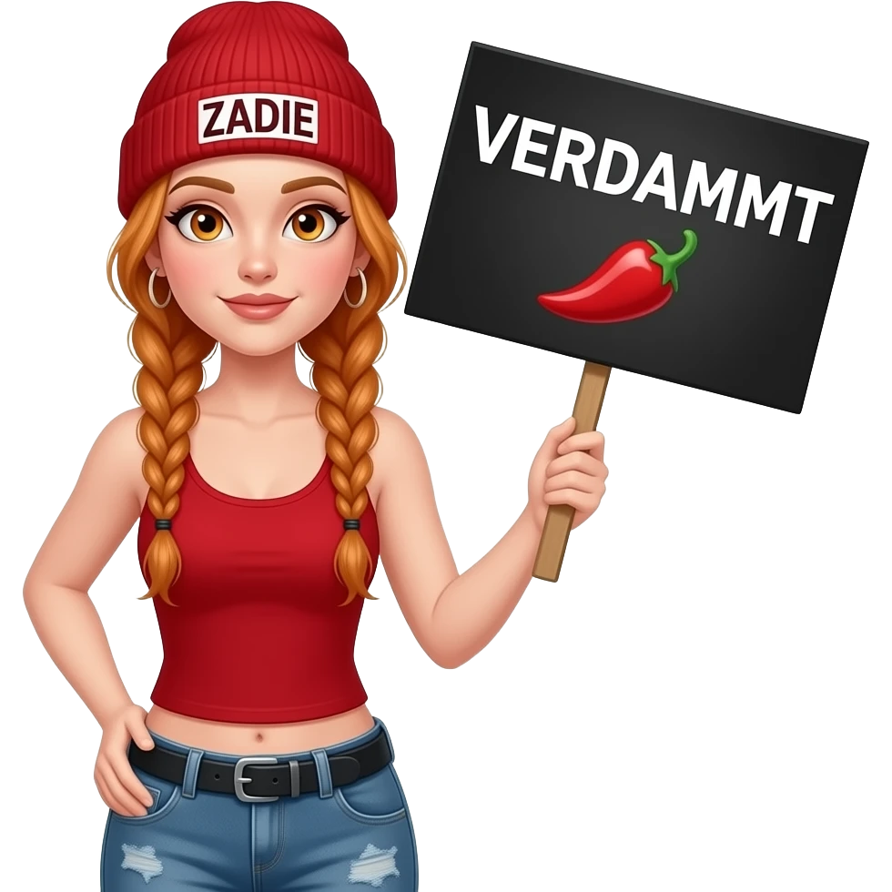 sexy girl with overlong ginger braids and ginger eyes wearing a red tanktop and a red beanie with ZADIE written on it, is holding a black sign with VERDAMMT 🌶️written on it emoji