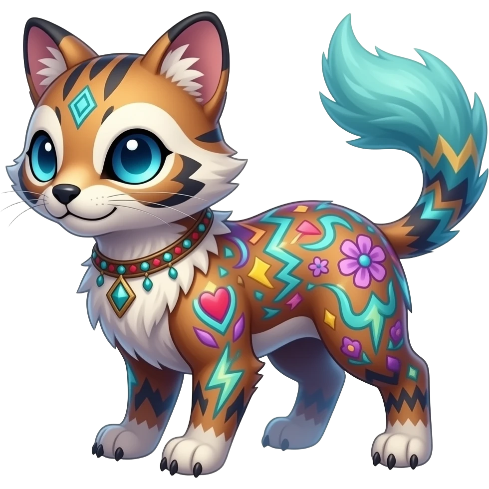 Colorful unique fantasy original shiny smooth soft flurry edgy cool Civet-Absol-Sprigatito-Vaporeon-Fakémon-hybrid with tribal chevron heart floral lightning bolt strikes damask paisley markings emoji