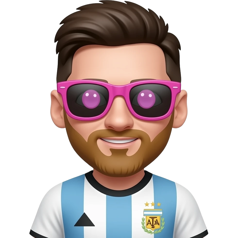 Messi emoji avatar, front-facing, Argentina jersey, cute cartoon style. Big pink sunglasses on his eyes, and inside each lens there is a tiny hidden pink sunglasses reflection, like sunglasses inside sunglasses. emoji