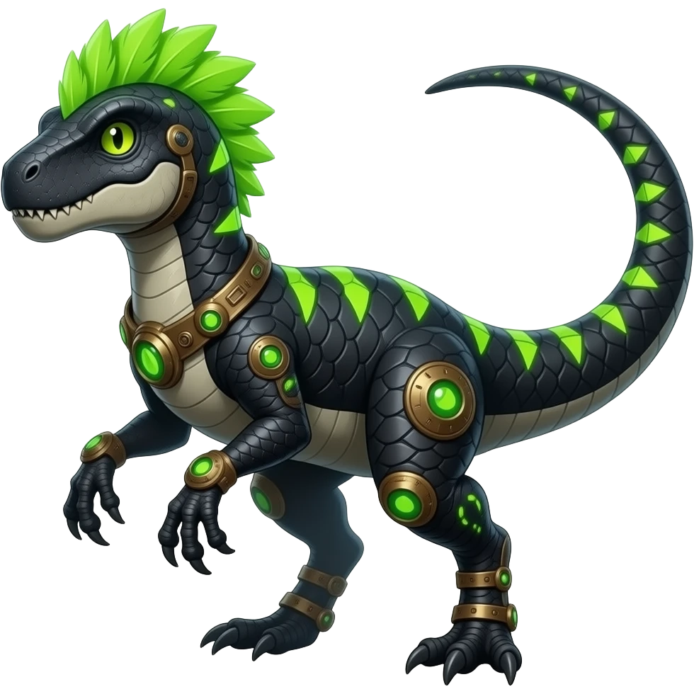 Cool edgy ancient black-scaled with neon-green triangular stripe markings digitigrade vintage futuristic raptorik fantasy-Cyberpunk-Steampunk-Solarpunk-Genesect-Salamence-Tyranitar-Brony-Vernid-Fionbri-Fakémon-animal-hybrid, with neon-green edgy feather-Mohawk, full body emoji