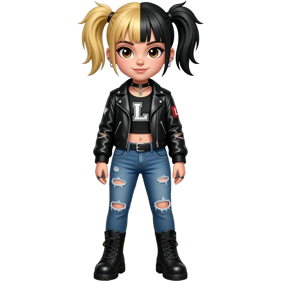 Punk girl with half blonde half black hair in pigtails with a letter L patch on jacket and brown eyes emoji