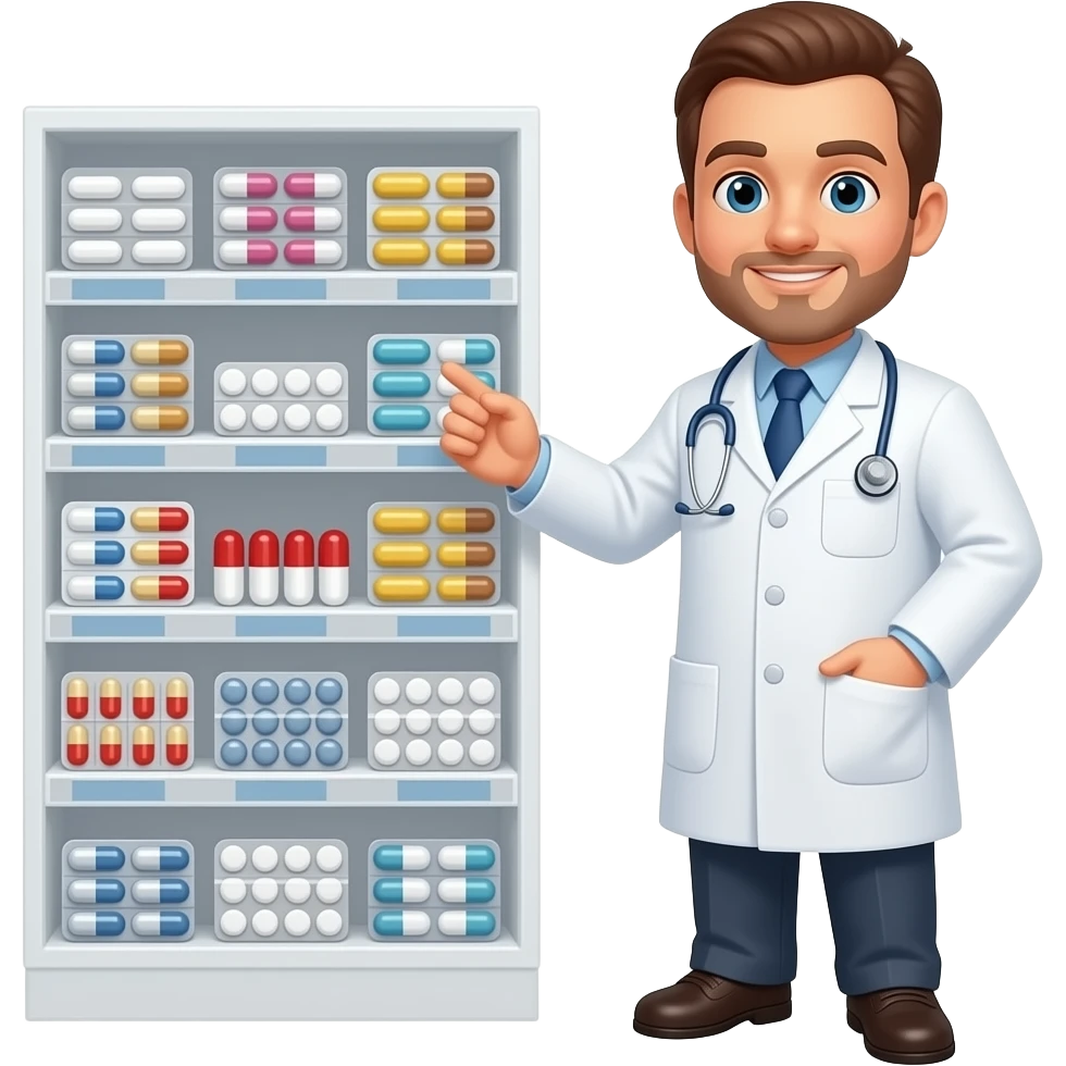 pharmacist standing next to shelf full of pills in a pharmacy emoji