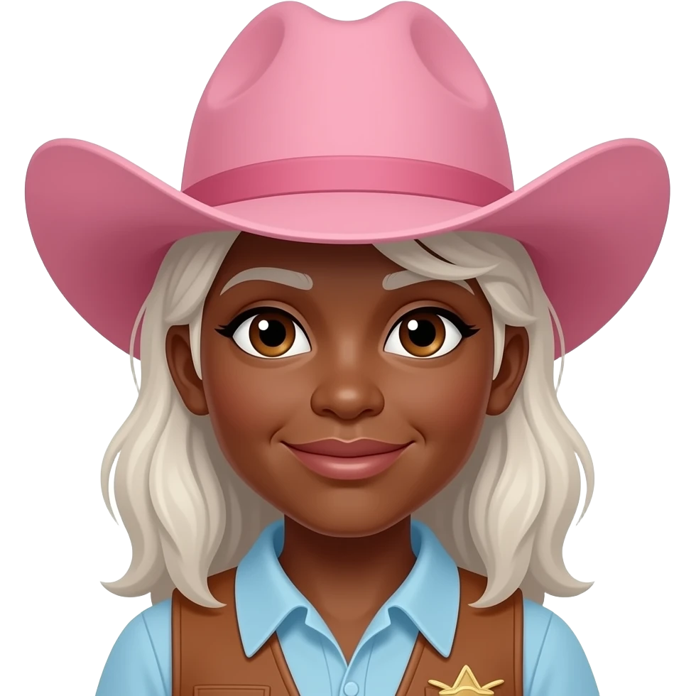 Old Cowgirl with pink hat dark tanned skin grey/blonde hair brown eyes emoji