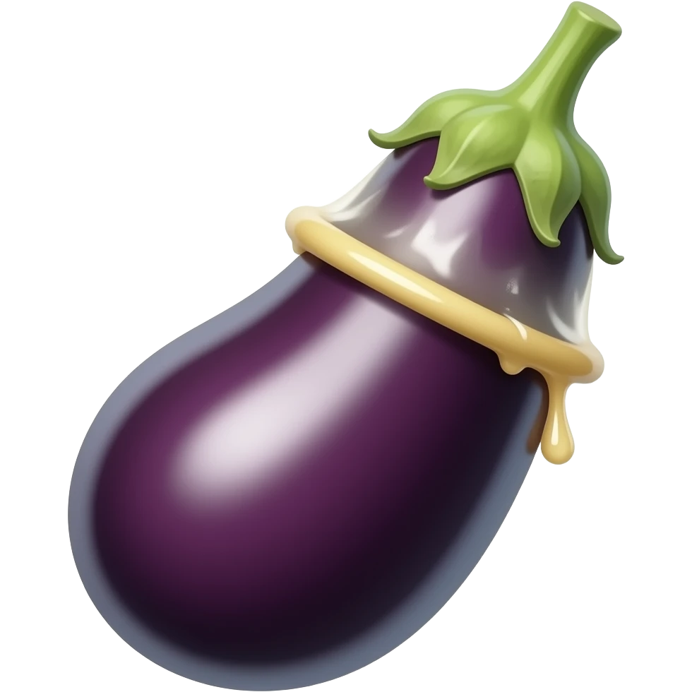 Über die Spitze einer Aubergine ist ein Kondom drüber gezogen, es ist glänzend und tropft an der spitze emoji