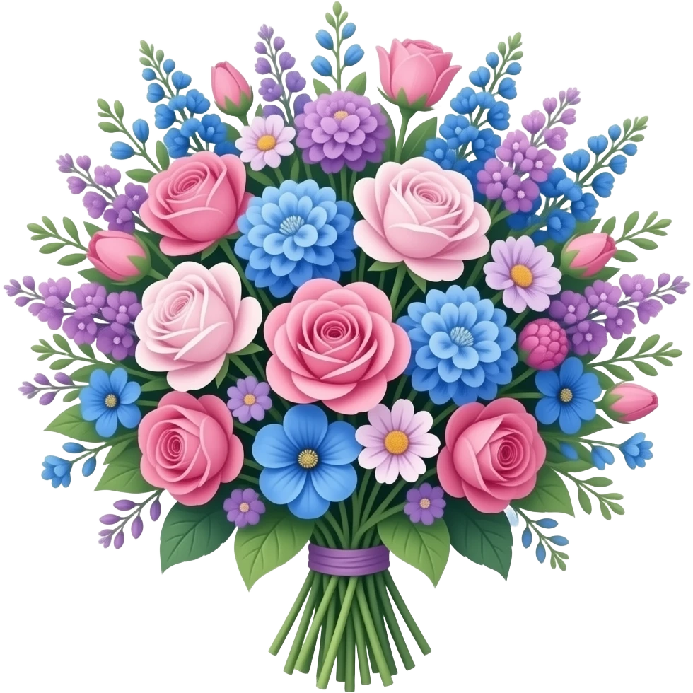 en stor fin bukett med blomster i blå rosa og lilla emoji