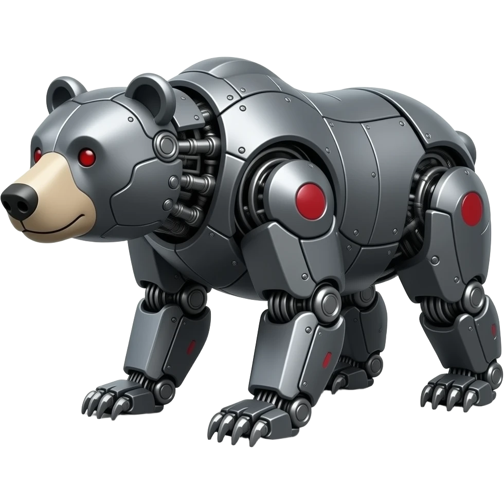 Completely Mechanical grizzly Bear made of dark gray metal with red markings on it. (no real bear parts), (fullbody) on all fours emoji