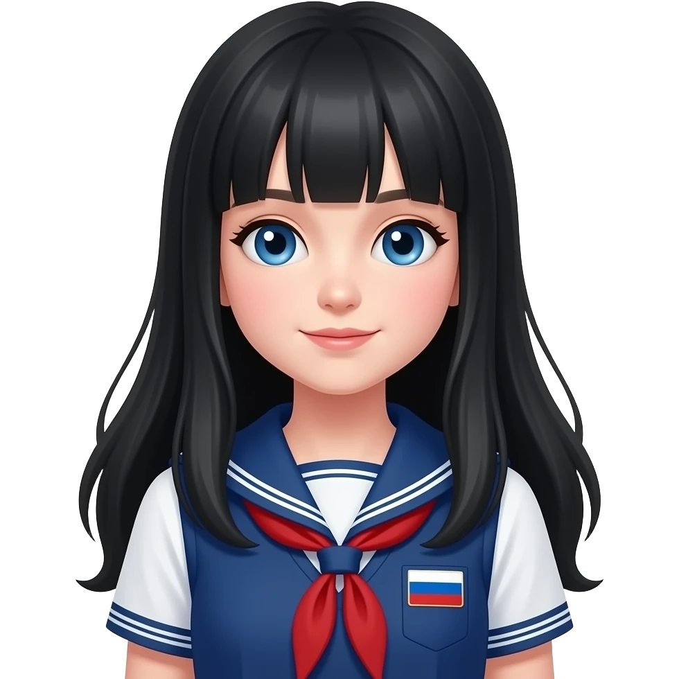 Half body emoji of a girl with long black hair, blue eyes in a Russian school uniform emoji