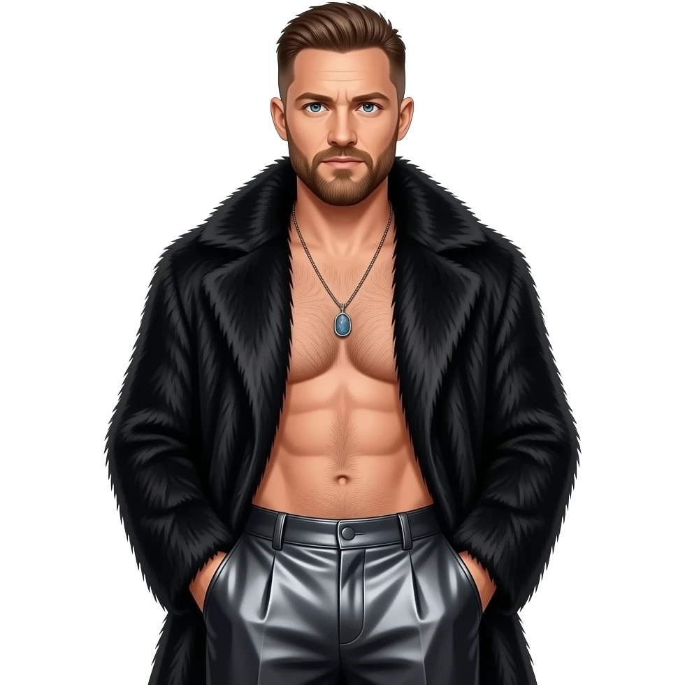 Tom Hardy with blue eyes, brown hair, black fur shawl, dark grey metallic baggy pants, shirtless with necklace emoji