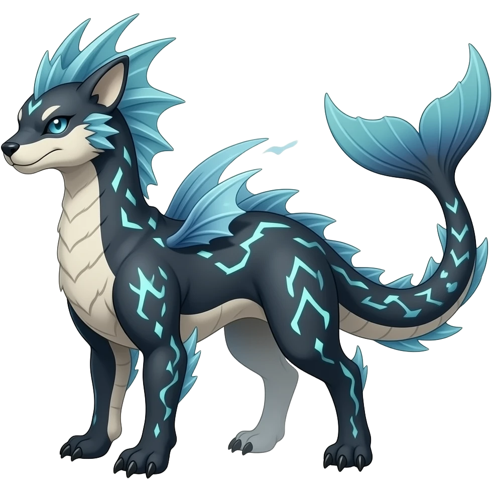 Tough realistic Quadrupedal digitigrade shiny glossy smooth finned frilled gothic tall slim unique epic legendary shiny edgy cool cyberpunk-solarpunk-fantasy-Sceptile-Sprigatito-Flyogn-Vaporeon-Electrike-Fakémon-hybrid with an orca tail emoji
