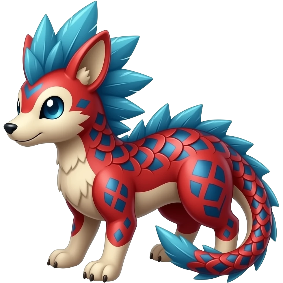 scaly shiny feather-maned spiky patterned tribal-patterned digitigrade quadrupedal Red and blue Vaporeon-Salandit-Glaceon-hybrid emoji
