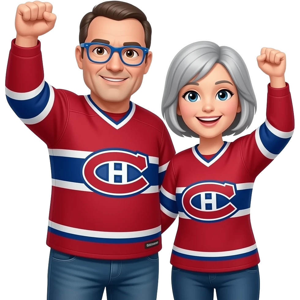 50 year old 170 lbs man, completely Bald, no hair, brown eyes, wearing blue glasses and montreal canadiens jersey with short light gray haired woman wearing the same both have their arms raised cheering emoji
