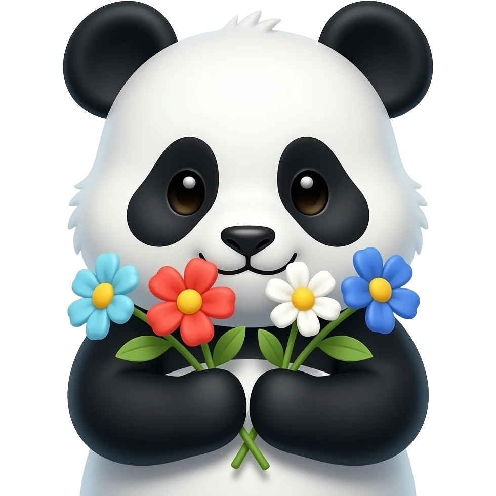 a bust shot of a panda holding flowers emoji