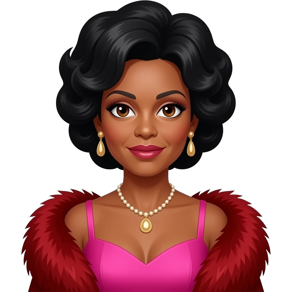 Diana Ross with brown eyes, black beehive hair, hot pink dress, red fur shawl, necklace and earrings emoji