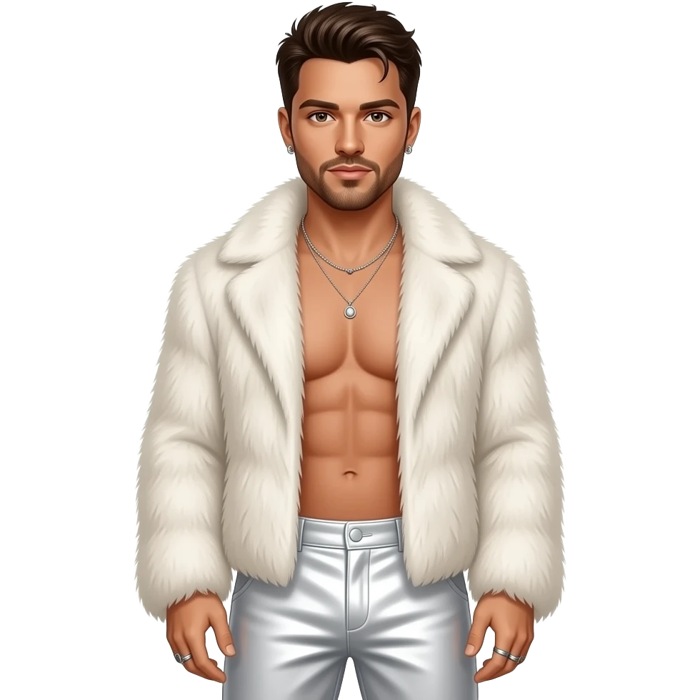 Ricky Martin with brown eyes, brown hair, white fur shawl, white metallic baggy pants, shirtless with necklace and earrings emoji