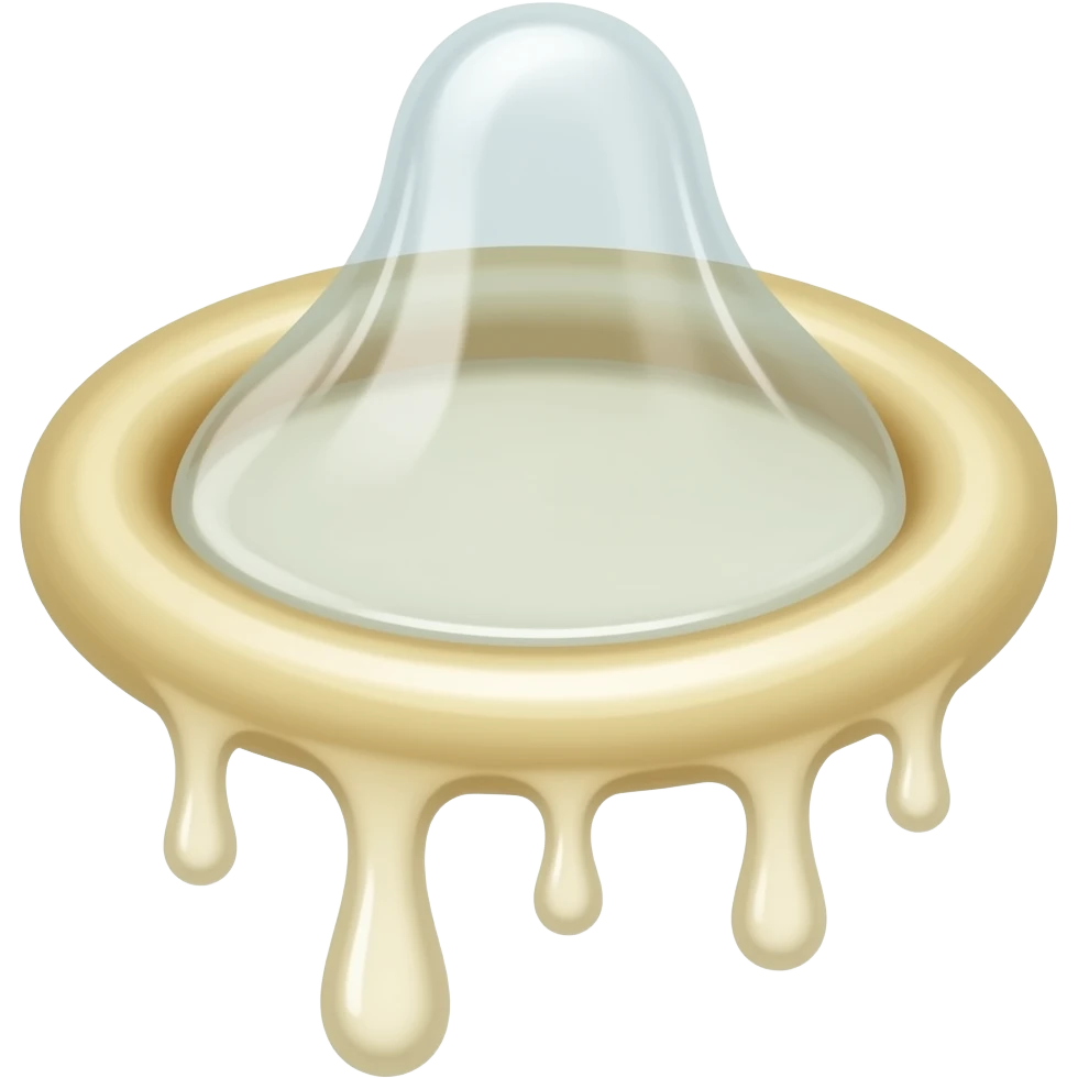Bild von einem langen, schlaffen, benutzen, gefüllten und tropfendes Kondom, in dem condom ist eine weißliche durchsichtige Geleeartige Flüssigkeit emoji