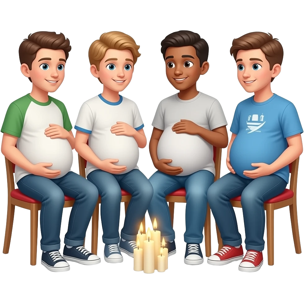 Są 4 chłopaki mają 16 lat i są w ciąży któryś z nich taki duży brzuch że ma trzy brzuchu i świecą na krześle i rozmawiają emoji